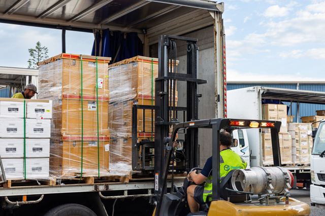 Pallet freight loaded by forklift at the Yandina depot
